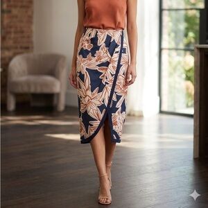 AZULU Anthropologie Floral Wrap Midi Skirt in Navy and Peach